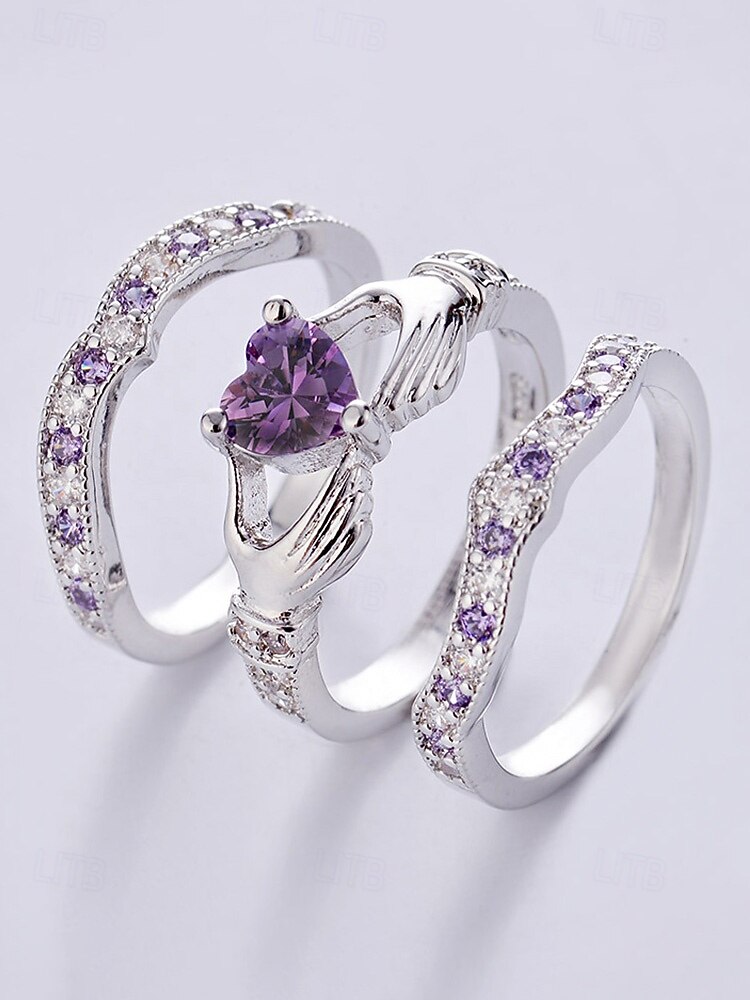 Damesringenset met 3-in-1 hartvormige amethist, gemaakt van legering, verkrijgbaar in meerdere kleuren, elegant ontwerp voor bruiloften, Valentijnsdag en feestjes. 2026 - $11.99 –P4