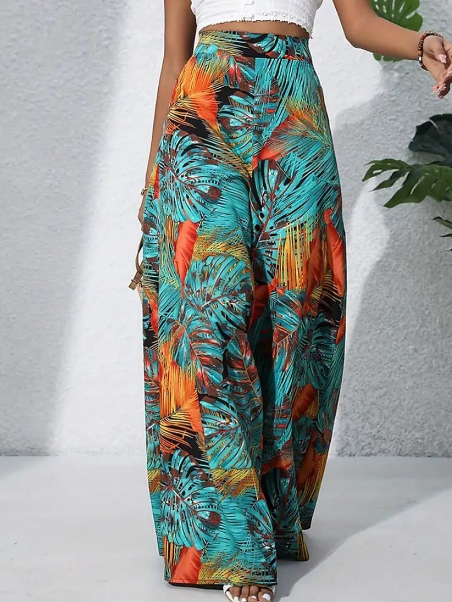 Damen Weite Hosenbeine Chinos Palazzo-Hose Urlaub Streetwear Basic Volle Länge Mittlere Taillenlinie Blumen Tropisch Elastischer Bund Drucken Bequem Unelastisch Täglich Outdoor Straße Blau Marineblau 2026 - $22.99 –P2