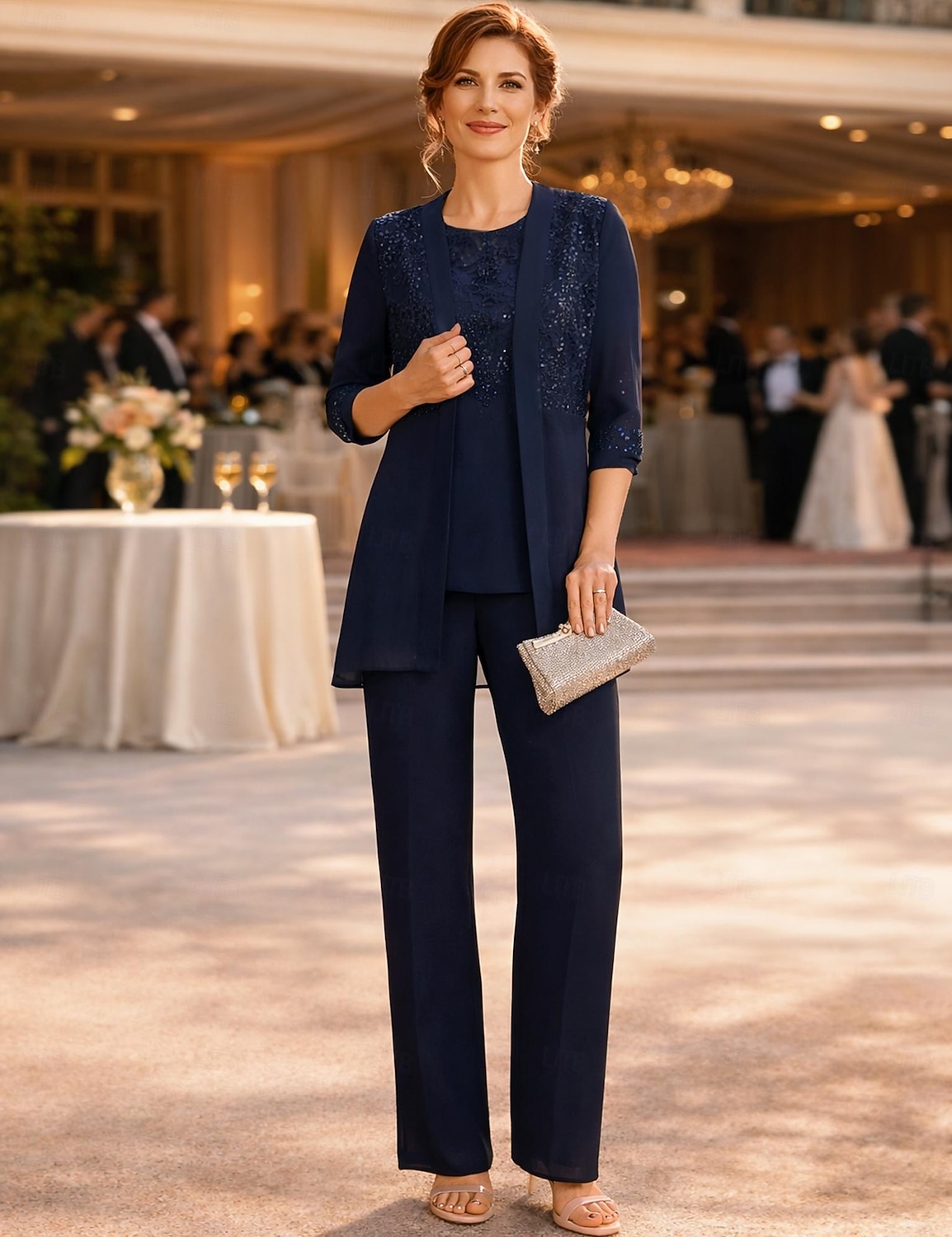 Ensemble pantalon robe mère de la mariée longueur de cheville manches ¾ col ras du cou élégante vintage formelle invité au mariage avec couleur unie de 2026 ? $183.99 –P1