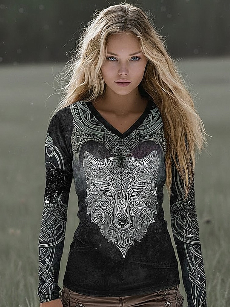 Vrouwen Boho Viking T Shirt Graphic Dier Vintage Stijlvol Klassiek Lange Mouwen V-Hals Reguliere Tops Dagelijkse Weekend Print Zwart Zomer Lente 2026 - $24.99 –P1
