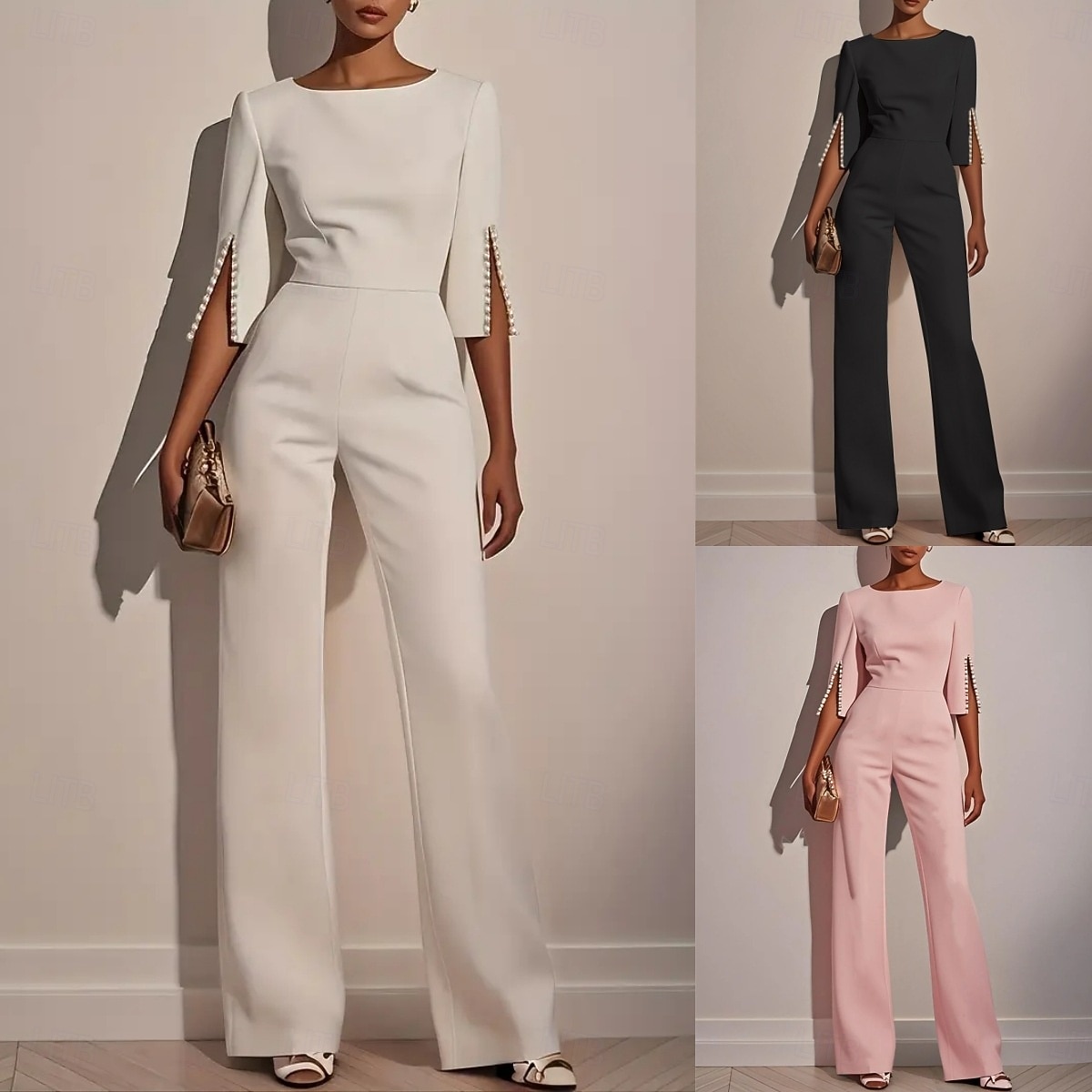 Mujer Normal Mono Elegante Color sólido Media Manga Perneras anchas Escote Redondo Alta cintura Oficina Trabajo Ajuste regular Negro Blanco Rosa Verano 2026 - $36.99 –P1