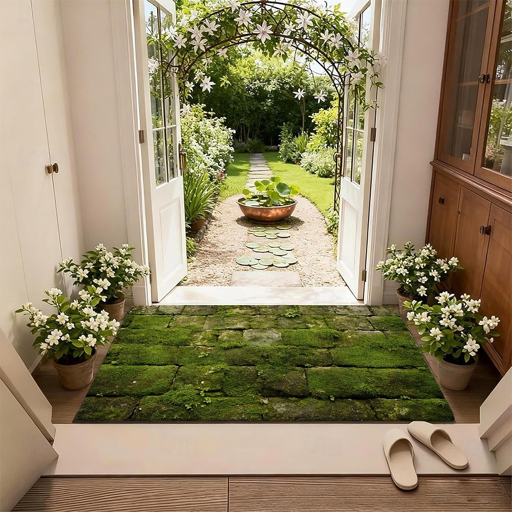 2026年 玄関マット 緑の苔が石畳にデザインされた、爽やかな屋外屋内玄関ラグ。耐久性のある滑り止めマット。  コレクション – $9.99 –P1