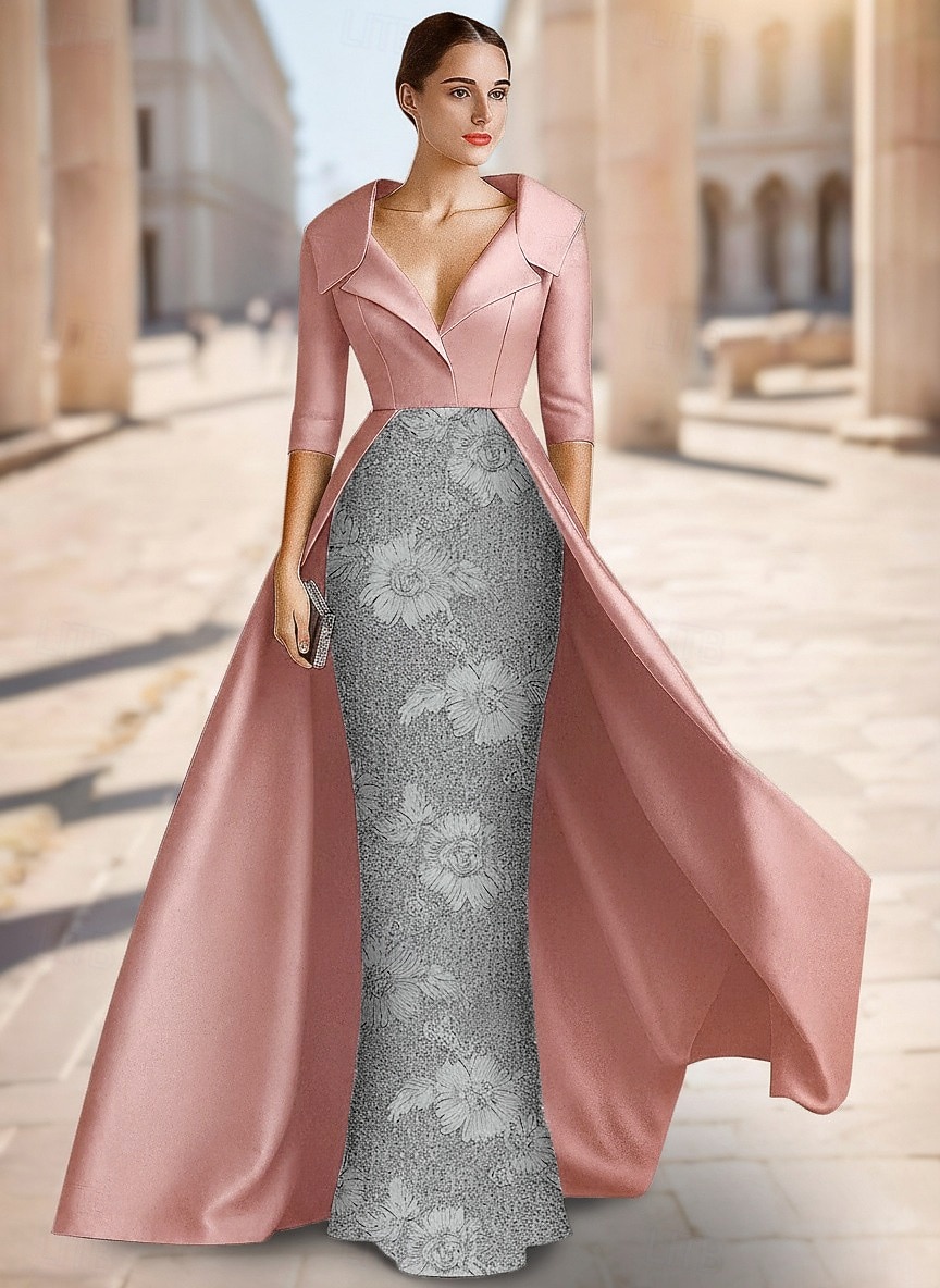 Sheath Column Floor Length Beaded Eembroidered Formal Dresses Mother of the Bride Dress Evening Gown Ball Gown with Overskirt Formal Dress Elegant Sparkle Silky 3/4 Length Sleeve Lapel Wedding Formal 2026 - $195.99 –P3