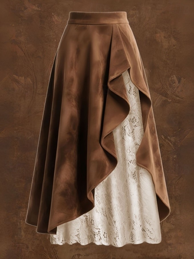 Damen Rock aus Wildlederimitat Spitzenrock Urlaubsrock Elegant Bohemien Vintage Mode Midi Mittlere Taille Röcke Geschichtet Unelastisch Täglich Urlaub Braun Frühling 2026 - $40.99 –P2