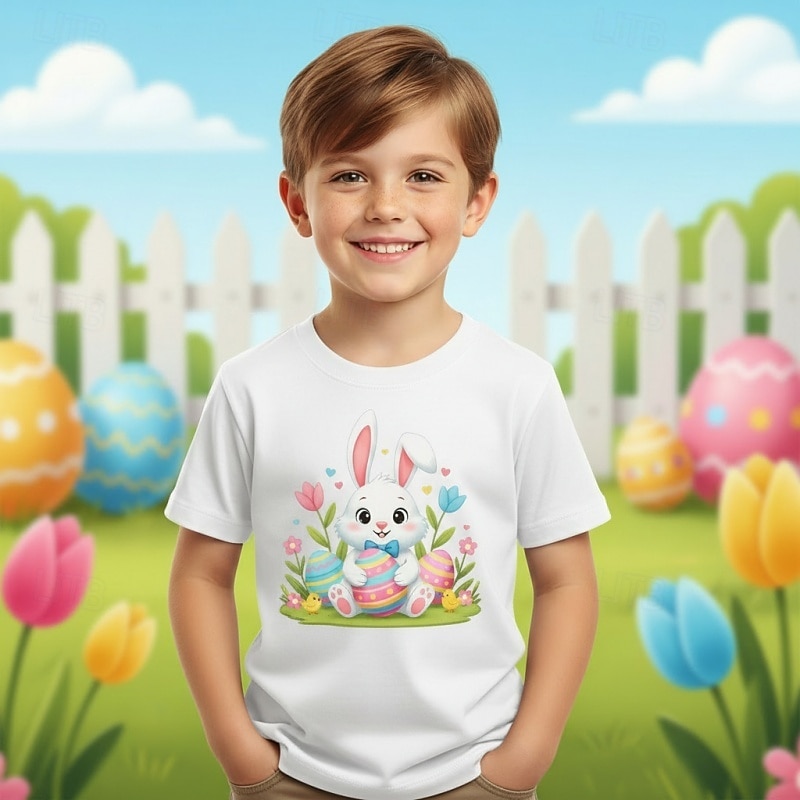 2026年 コットン１００％ イースター 子供 男の子 ブルー ブラック ホワイト グラフィック バニー Tシャツ ブラウス クルーネック 半袖 カジュアル 日常 アウトドア ファッション ストリートファッション デザイナー プリント 夏 春  コレクション – $19.99 –P5
