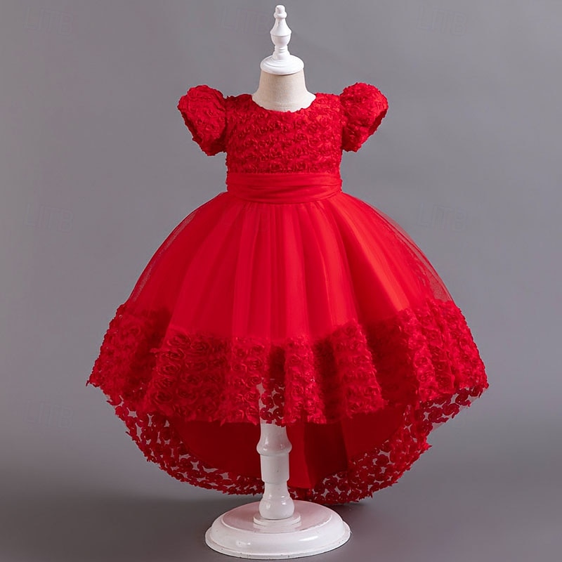 Flower Girl Dress Girls' Formal Dress Wedding Attire Party Wedding Formal Adorable Princess Sweet Patchwork Mesh Solid Color Short Sleeves Crew Neck Pink Red 4 years+ 2026 - $47.99 –P6