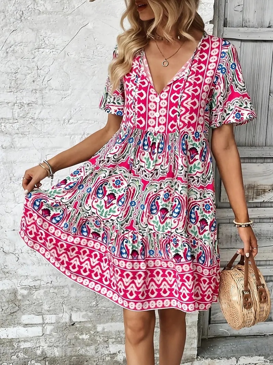 Dames Mini-jurk strand jurk A lijn jurk Bloemetjesjurk Elegant Modieus Modern Dagelijks Buiten Vakantie Normale pasvorm Geometrisch Korte mouw V-hals blauw Rood Marine Blauw Oranje Zomer Lente Herfst 2026 - $21.99 –P6