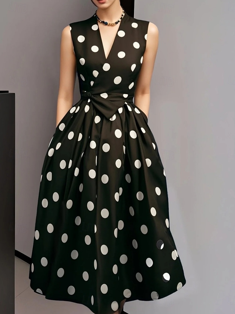 בגדי ריקוד נשים שמלת מידי שמלת קז'ואל שמלת עבודה שמלה מנוקדת אלגנטית אופנתי מודרני בָּחוּץ חופשה ליציאה רגיל נקודה ללא שרוולים צווארון V שחור לבן קיץ אביב 2026 - $31.99 –P3