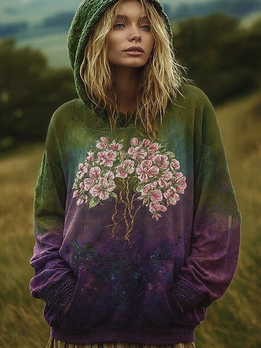 Dámská 3D tisková vintage boho mikina patchwork s květinovým pulovrem ležérní dlouhý rukáv mikina s kapucí každodenní nošení přední kapsa travně světle růžová fialová zelená jaro podzim zima 2026 - $16.99 –P6
