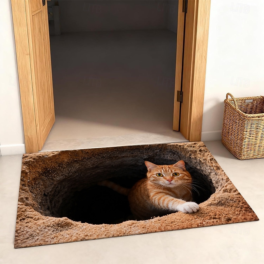 Fußmatte mit 3D-optischer Täuschung einer roten Katze, die aus einem Loch lugt – 2D-Flachdruck-Teppich für verspielte Eingangsbereichdekoration und einladende Willkommensmatte 2026 - $17.99 –P2