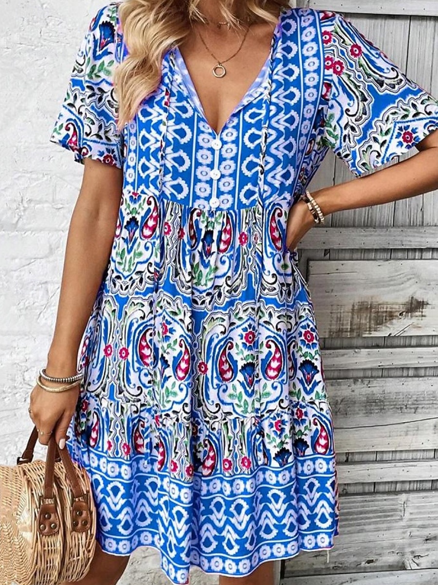 Dames Mini-jurk strand jurk A lijn jurk Bloemetjesjurk Elegant Modieus Modern Dagelijks Buiten Vakantie Normale pasvorm Geometrisch Korte mouw V-hals blauw Rood Marine Blauw Oranje Zomer Lente Herfst 2026 - $21.99 –P10