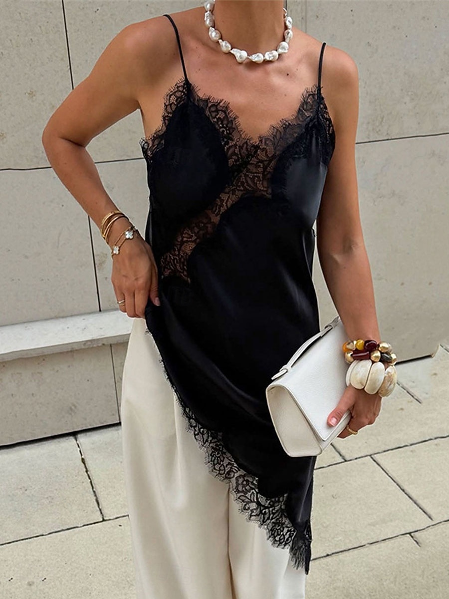 Women's Mini Dress Black Dress Lace Dress Slip Dress Elegant Fashion Classic Daily Outdoor Beach Loose Fit Plain Sleeveless V Neck Light Yellow Black Brown Beige Summer Spring 2026 - $38.99 –P1