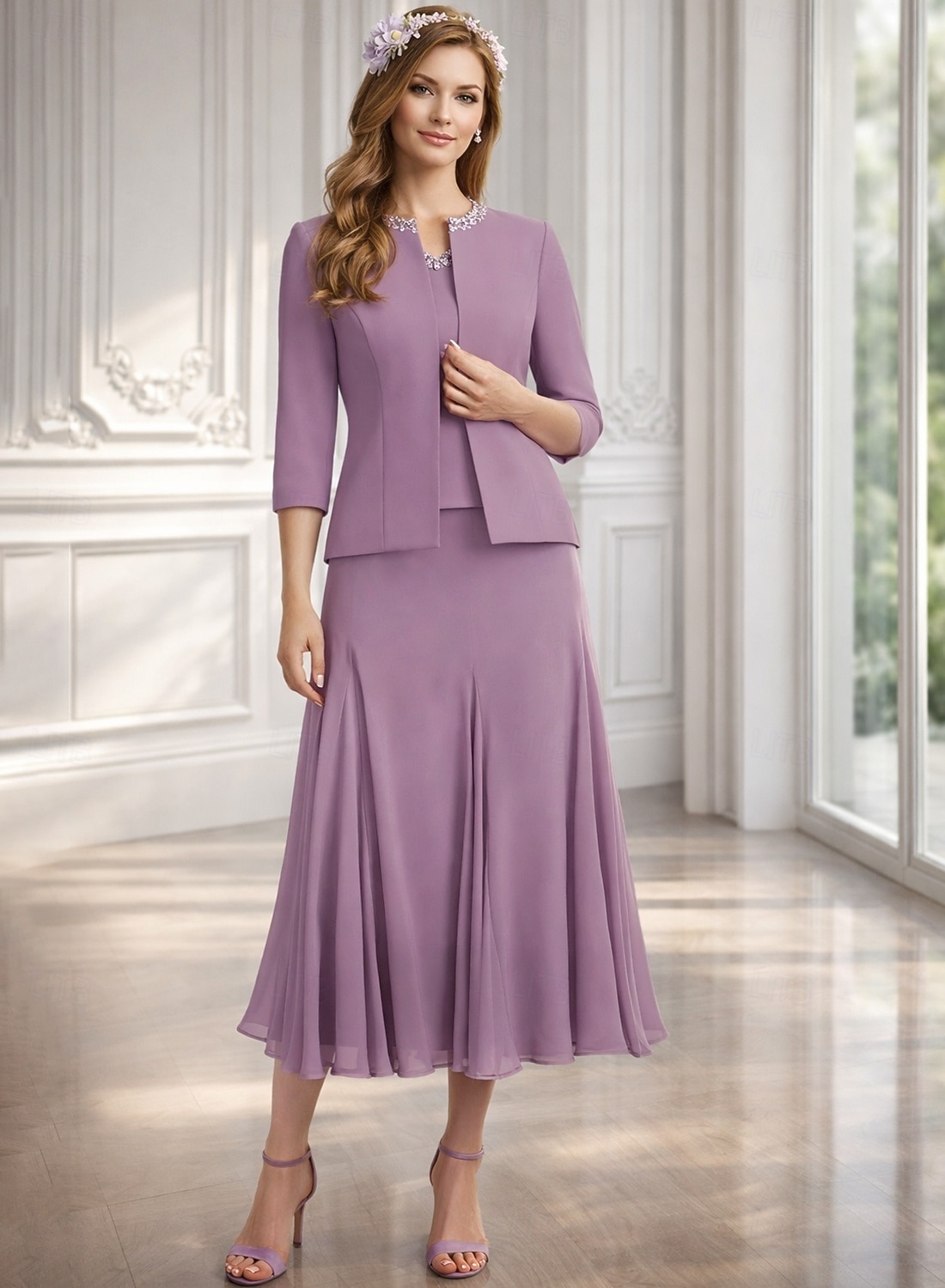Two Piece A-Line Tea Length Wedding Guest Dress Mother of the Bride Dress 3/4 Length Sleeve Jewel Neck Elegant Wedding Guest Engagement Party Chiffon with Beading 2026 - $206.99 –P1