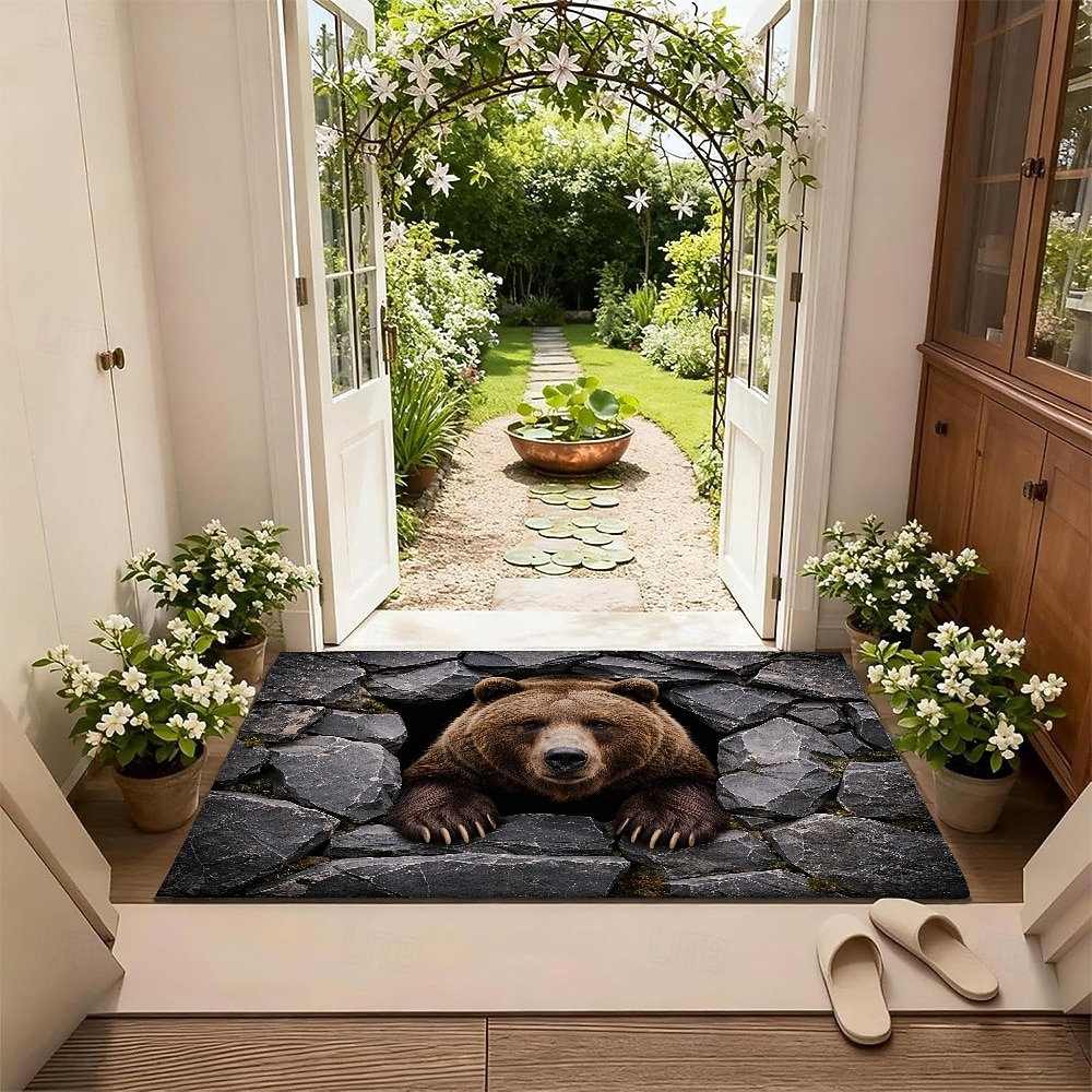 3D optische illusie deurmat, 2D platte print, 3D berenhol illusie vloerkleden, realistische grizzlybeer muur brekende mat, entree badkamermat 2026 - $18.99 –P2