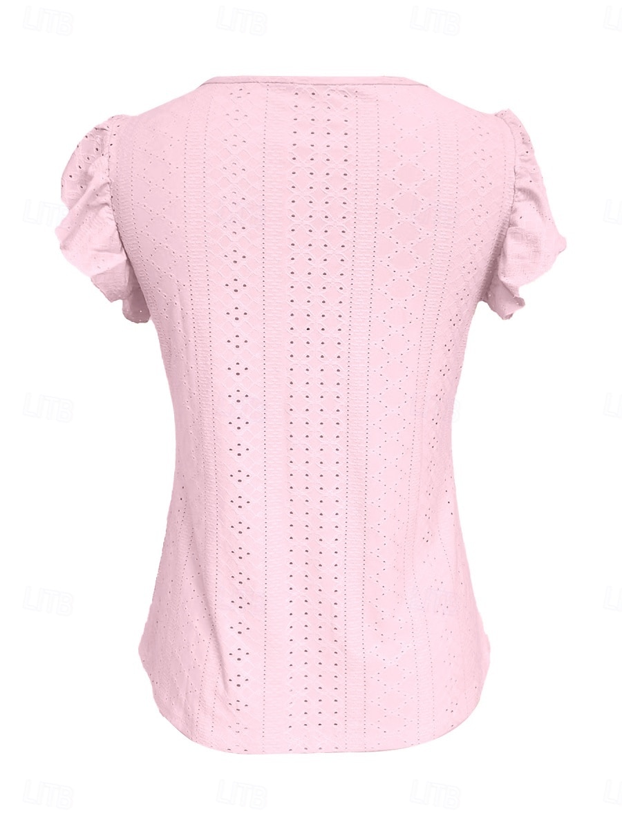 Mulheres Camiseta T-shirt Frufru Ilhó Botões Tecido Moda à moda Clássico Manga Curta Decote V Tops regulares Diário Para Noite Final de semana Branco Amarelo Rosa Azul Céu Verde Verão Primavera de 2026 por $21.99 –P11