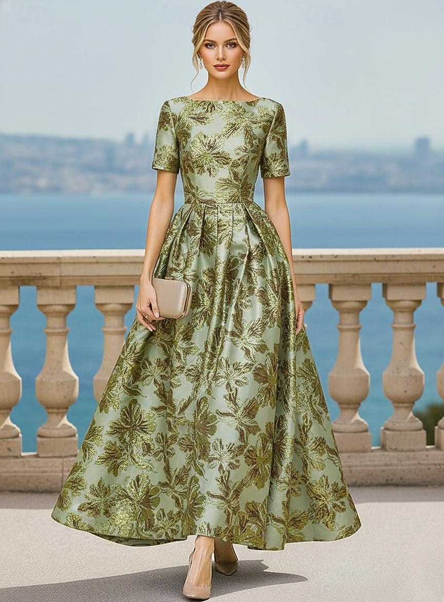 Corte A Hasta el Suelo Vestidos de coctel Elegante Vintage Floral Manga Corta Cuello Barco Fiesta de jardin Boda Bolsillo Jacquard con Estampado flor Plisado Bolsillo 2026 - $182.99 –P1