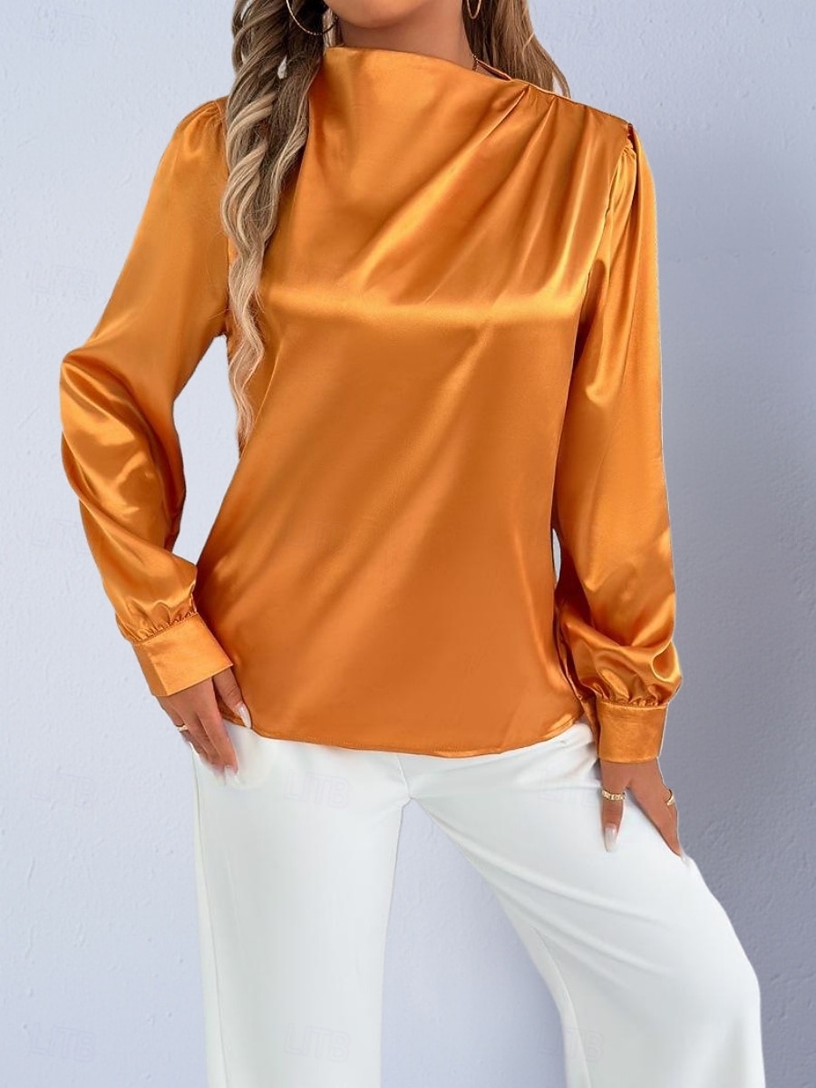 Dames Overhemd Satijnen overhemd Normaal shirt Met ruches Effen Stijlvol Basic Klassiek Lange mouw Hoge nek Normale tops Dagelijks Feestdagen Uitgaan Zwart Wit Wijn Rood Lente Herfst 2026 - $22.99 –P4