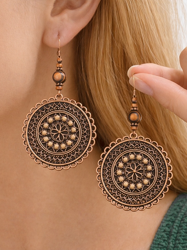 Női ötvözetből és fából készült kerek fülbevalók, vintage bohém mandala dizájn, könnyed, mutatós stílus, tökéletesek hétköznapi viseletre, tengerparti nyaraláshoz és nyári szettekhez 2026 - $7.99 –P1