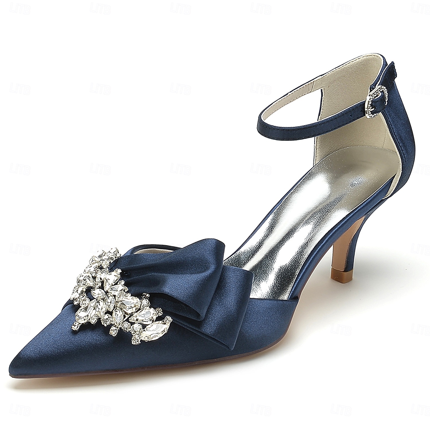 Elegantes zapatos de novia de satén con detalle de diamantes de imitación para mujer: punta puntiaguda, tacón bajo, tira al tobillo y varios colores. 2026 - $79.99 –P4
