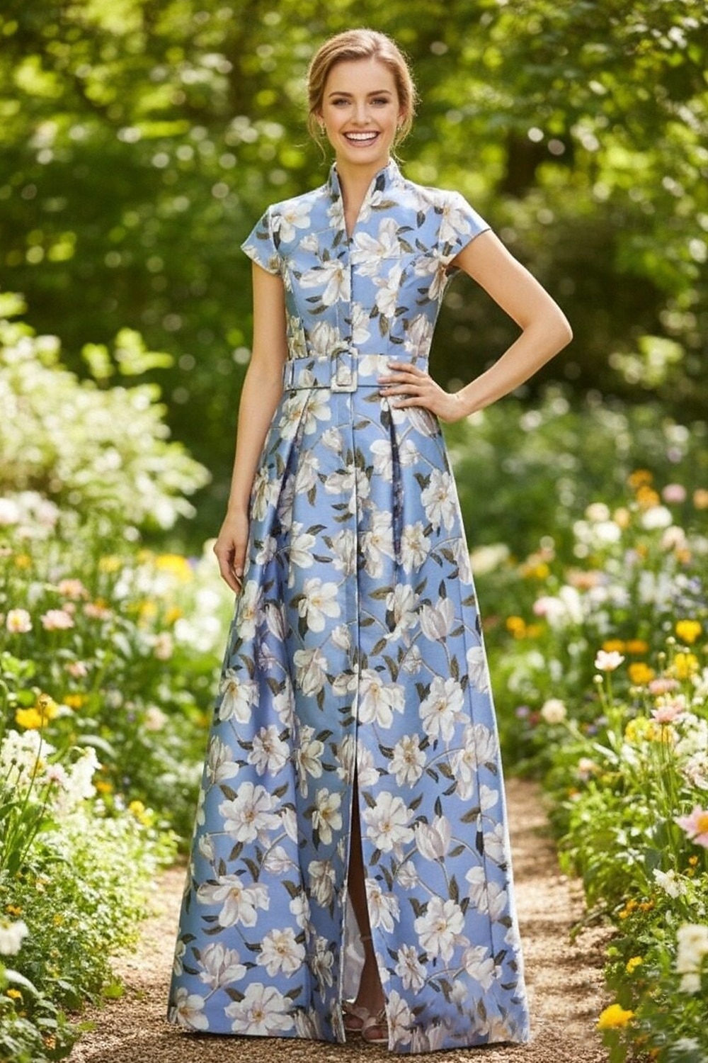 A-Linie Bodenlang Hemdblusenkleid Kleid für Hochzeitsgäste Abendkleid Brautmutterkleid Kappenärmel Hoher Ausschnitt Elegant Minimalistisch Formell Hochzeitsgast Satin mit Geteilter Vorderteil Druck 2026 - $186.99 –P1