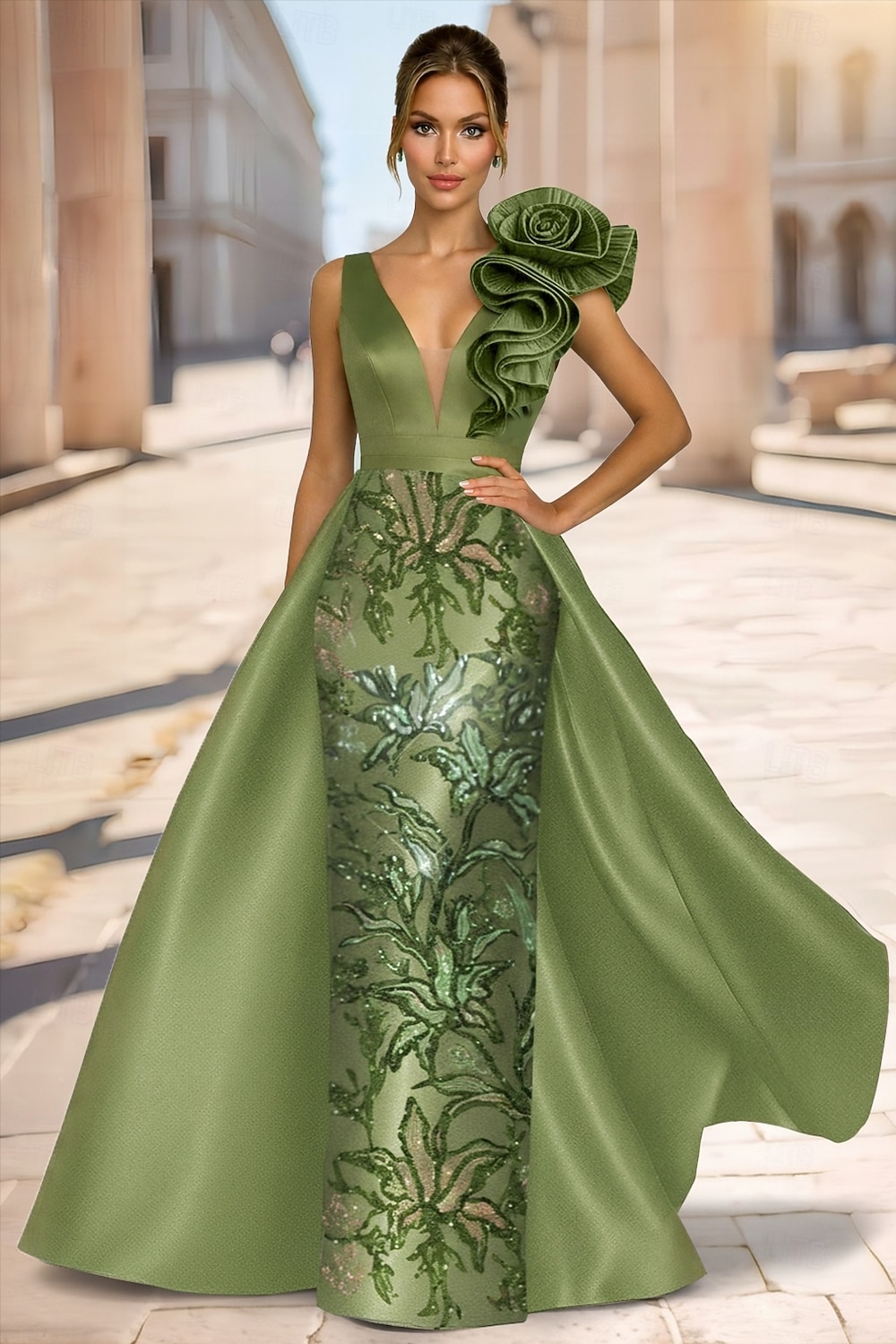 Linha A Tubinho Longo Vestidos de noite Vestido de baile com sobressaia Elegante Brilhante Floral Sem Manga Decote V Festa de Noite Casamento Cetim com Estampa floral Lantejoulas Fenda de 2026 por $206.99 –P1