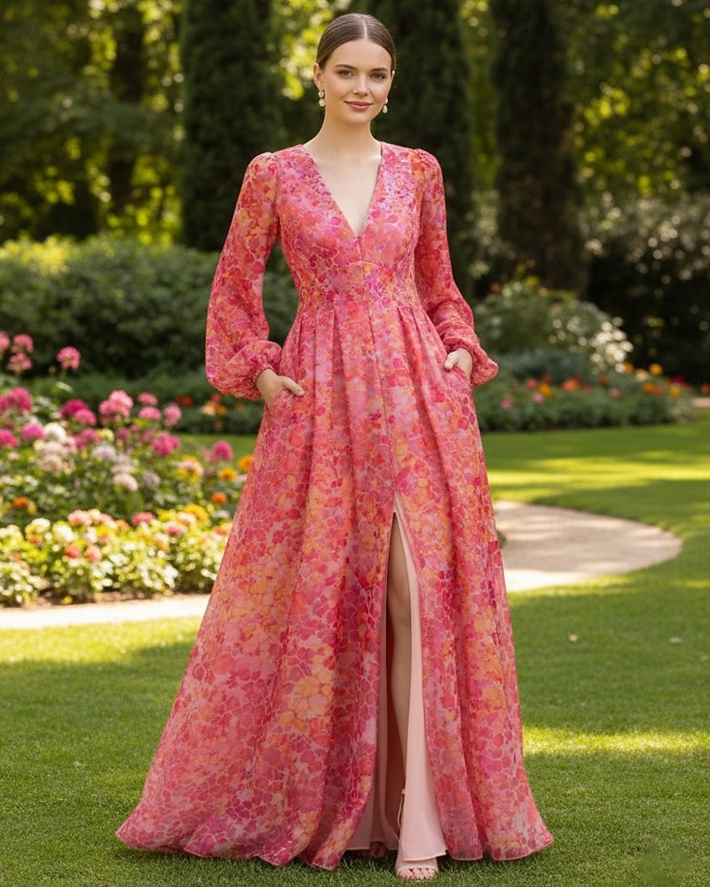 Krój A Sięgająca podłoża Suknia formalna Elegancja Bez rękawów W serek Impreza w ogrodzie Ślub Kieszonki Organza z Plisy Rozcięciem Nadruk 2026 - $205.89 –P1