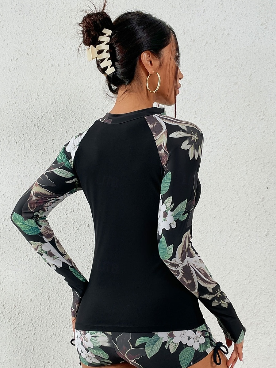 Dámské Plavky Tankini 2 ks Kraťasy Plavky Zaštíhlující Vysoký pas Štíhlý prázdniny Oblečení na pláž Květinový Stojáček Dlouhý rukáv Plavky 2026 - $36.99 –P12