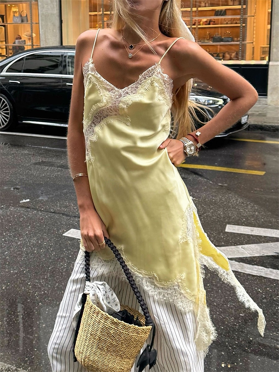 Women's Mini Dress Black Dress Lace Dress Slip Dress Elegant Fashion Classic Daily Outdoor Beach Loose Fit Plain Sleeveless V Neck Light Yellow Black Brown Beige Summer Spring 2026 - $38.99 –P4