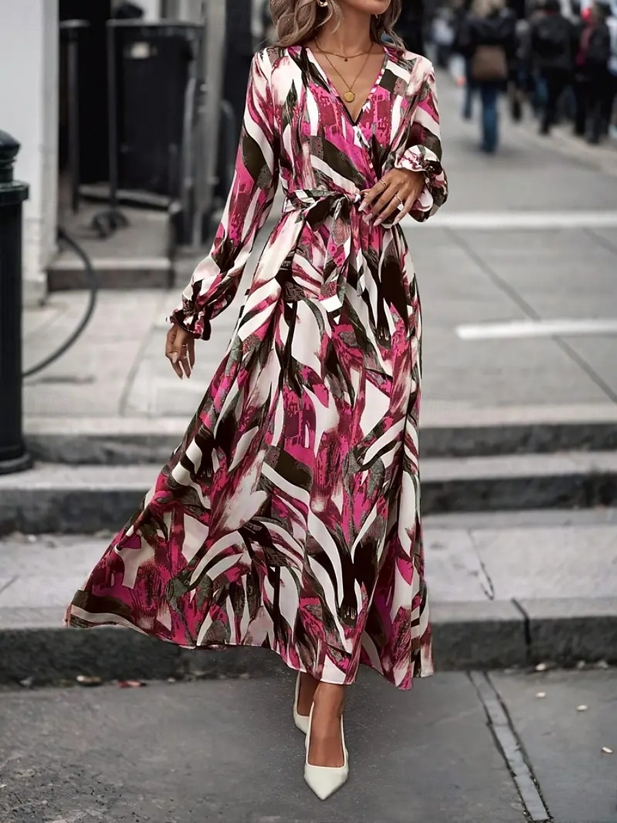 Women's Long Dress Maxi Dress A Line Dress Floral Dress Elegant Fashion Modern Daily Outdoor Vacation Regular Fit Floral Long Sleeve V Neck Red Brown Spring Fall 2026 - $25.99 –P4