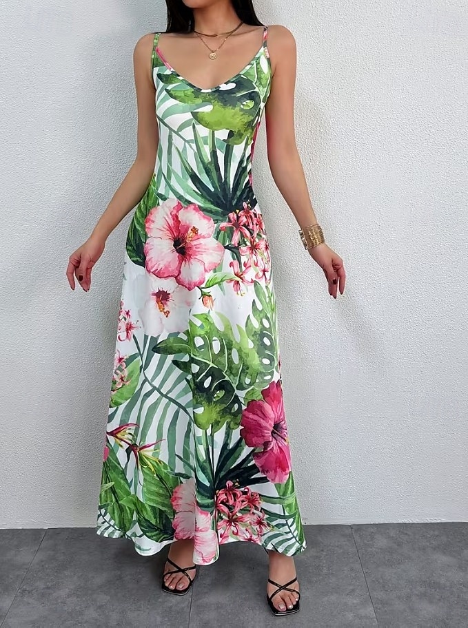 Naisten Maksimekko Kesämekko A linjainen mekko Slip Mekko Loma Vapaa-aika Boheemi Hiekkaranta Loose Fit Kuvitettu Lehti Hihaton V kaula-aukko Spagettiolkaimet Valkoinen Vaalean vihreä Punastuvan 2026 - $36.99 –P5