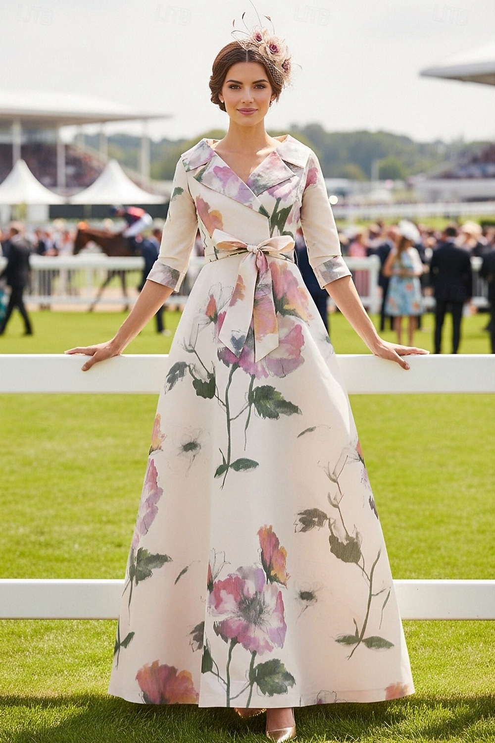 A-Line Floor Length Wedding Guest Dress Formal Dresses Derby Dress Mother of the Bride Dress 3/4 Length Sleeve V Neck Shirt Collar Elegant Formal Holiday Kentucky Derby Satin with Sash / Ribbon 2026 - $206.99 –P1