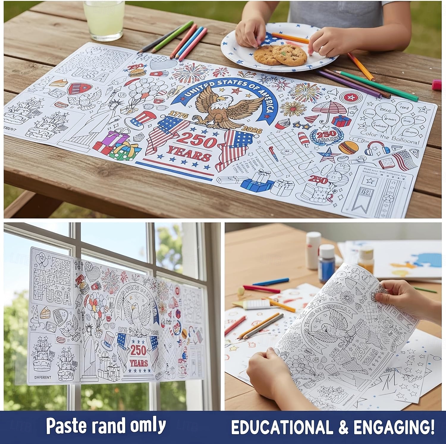 Раскраска к 250-летию США, размер 31*72 дюйма, тематическая раскраска к 250-летию для класса, дня рождения, вечеринки в честь Дня независимости Америки, универсальное использование в качестве настенного декора или скатерти. 2026 - $9.99 –P6