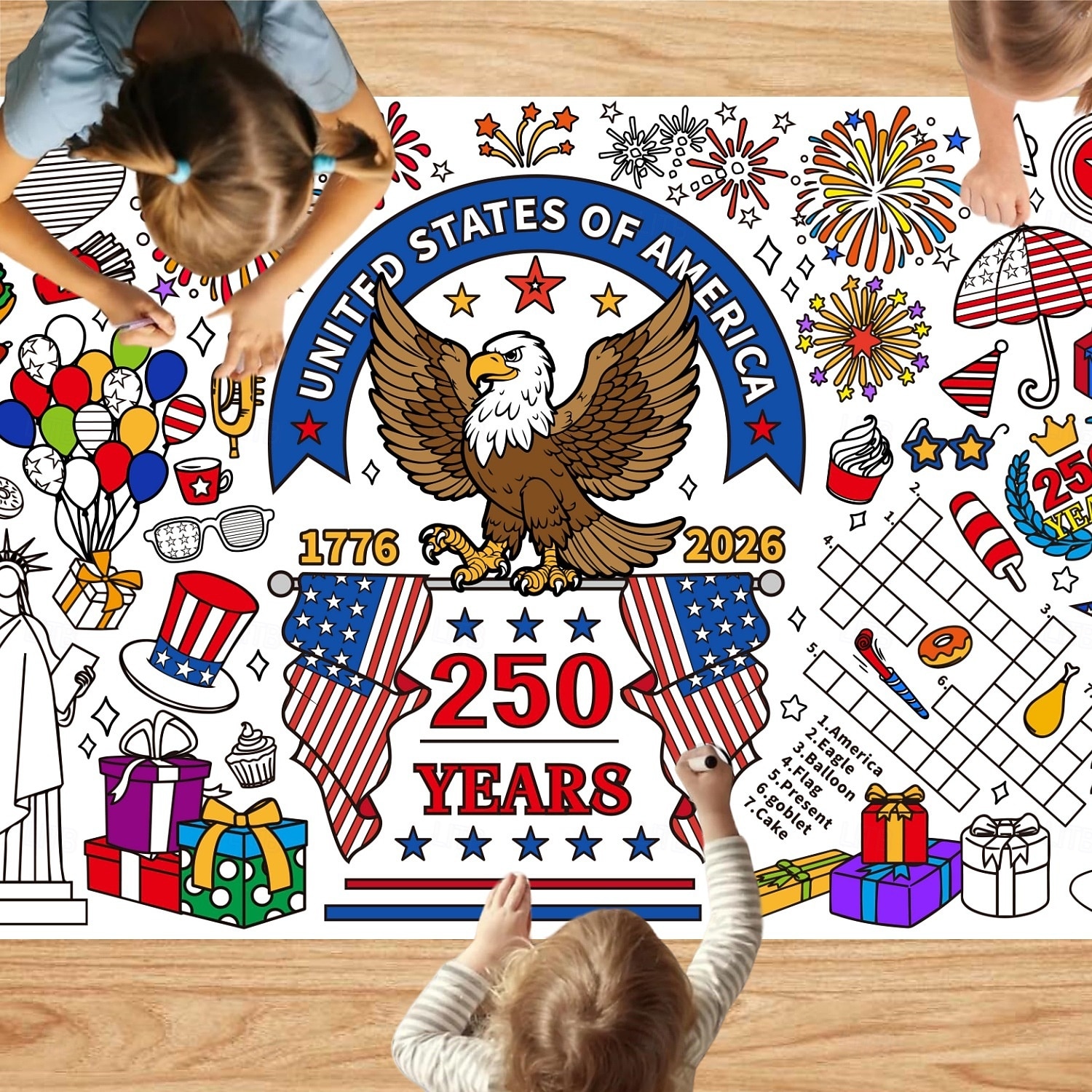 Раскраска к 250-летию США, размер 31*72 дюйма, тематическая раскраска к 250-летию для класса, дня рождения, вечеринки в честь Дня независимости Америки, универсальное использование в качестве настенного декора или скатерти. 2026 - $9.99 –P1