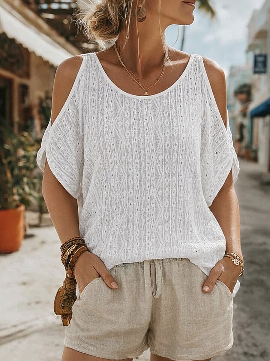 Per donna Maglietta Top con cuciture in pizzo Pizzo Semplice Moda Elegante Classico Manica Corta Girocollo Top Regolari Quotidiano Uscire Weekend Bianco Estate Primavera del 2026 a $21.99 –P1