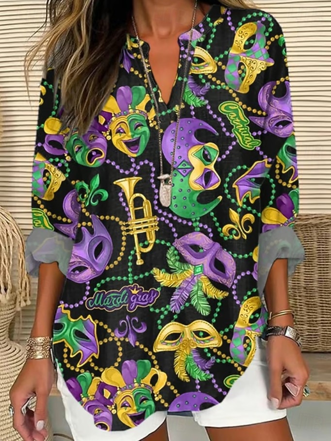 Bluză pentru femei de Mardi Gras din in respirabilă ușoară grafică vintage stylish mânecă lungă decolteu în V tops lungi vacanță zilnică imprimeu negru vară primăvară 2026 - $32.99 –P1