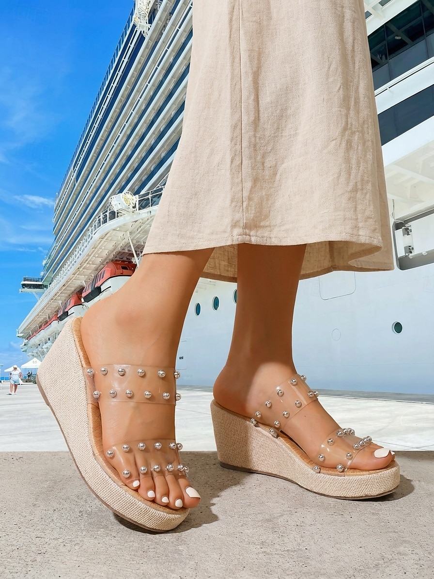 Sandalias transparentes para mujer con adornos de perlas: diseño elegante de cuñas transparentes, calzado cómodo y elegante para verano, playa y salidas informales. 2026 - $42.99 –P1