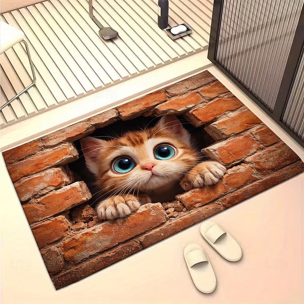 Felpudo con ilusión 3D de gatito, impresión 2D de un gato asomándose a través de una pared de ladrillos para una entrada divertida y original, perfecta para los amantes de los gatos. 2026 - $17.99 –P5