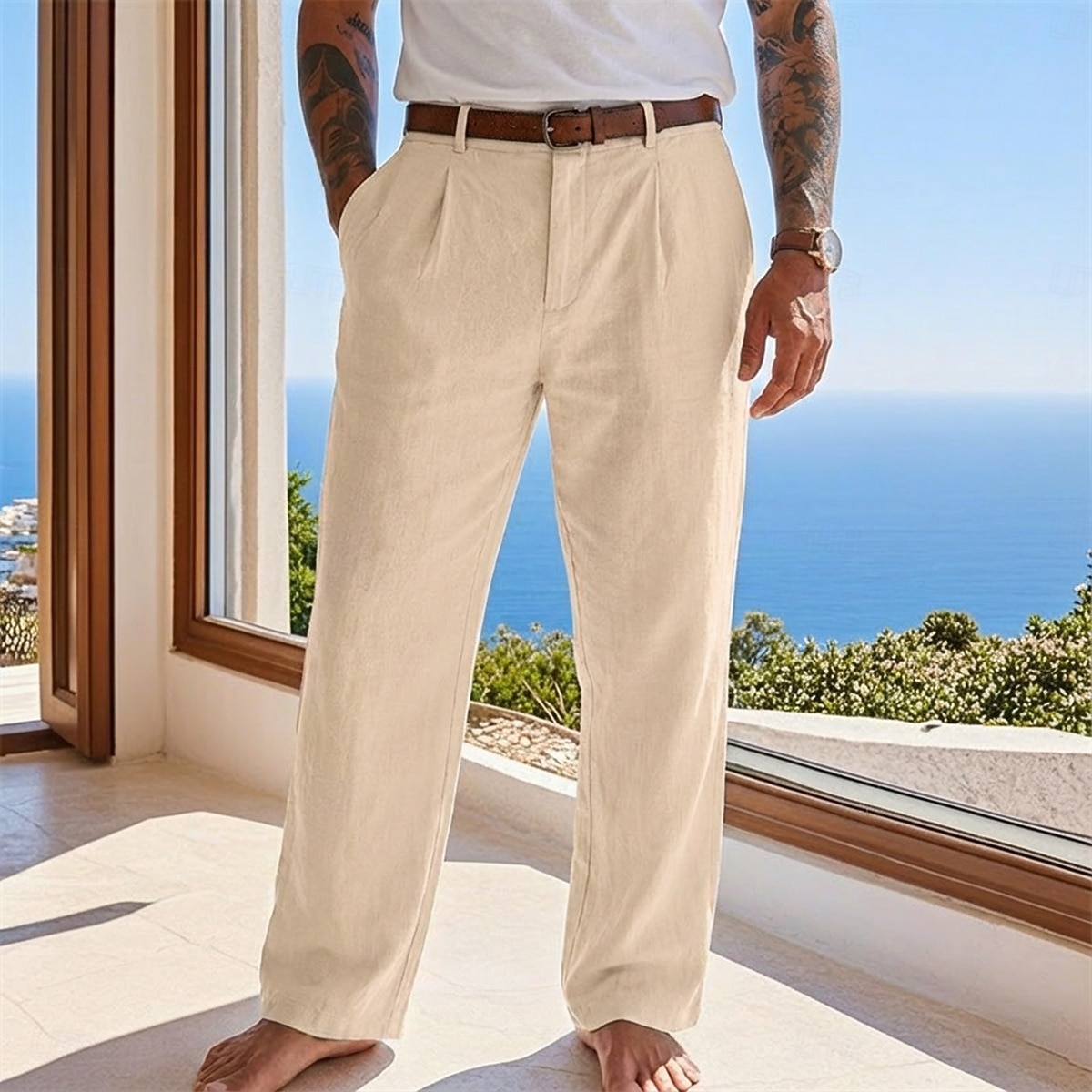 Herr Byxor av linne i bomull Långbyxor Sommarbyxor Säckiga byxor Strandbyxor Ficka Ensfärgat Komfort Andningsfunktion Fullängd Ledigt Dagligen Utomhus Semester Mode Blå Svart Oelastisk 2026 - $27.99 –P6