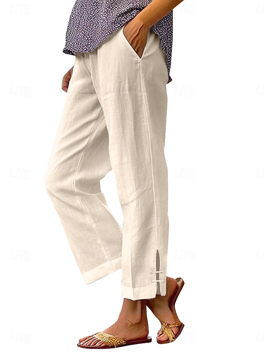 Dam Byxor av linne i bomull Kinesiska Semester Streetwear Grundläggande Fullängd Medium Midja Slät Ficka Elastisk midja Bekväm Komfort Oelastisk Dagligen Utomhus Semester Grå Svart Vit Armégrön 2026 - AU $15.84 –P4