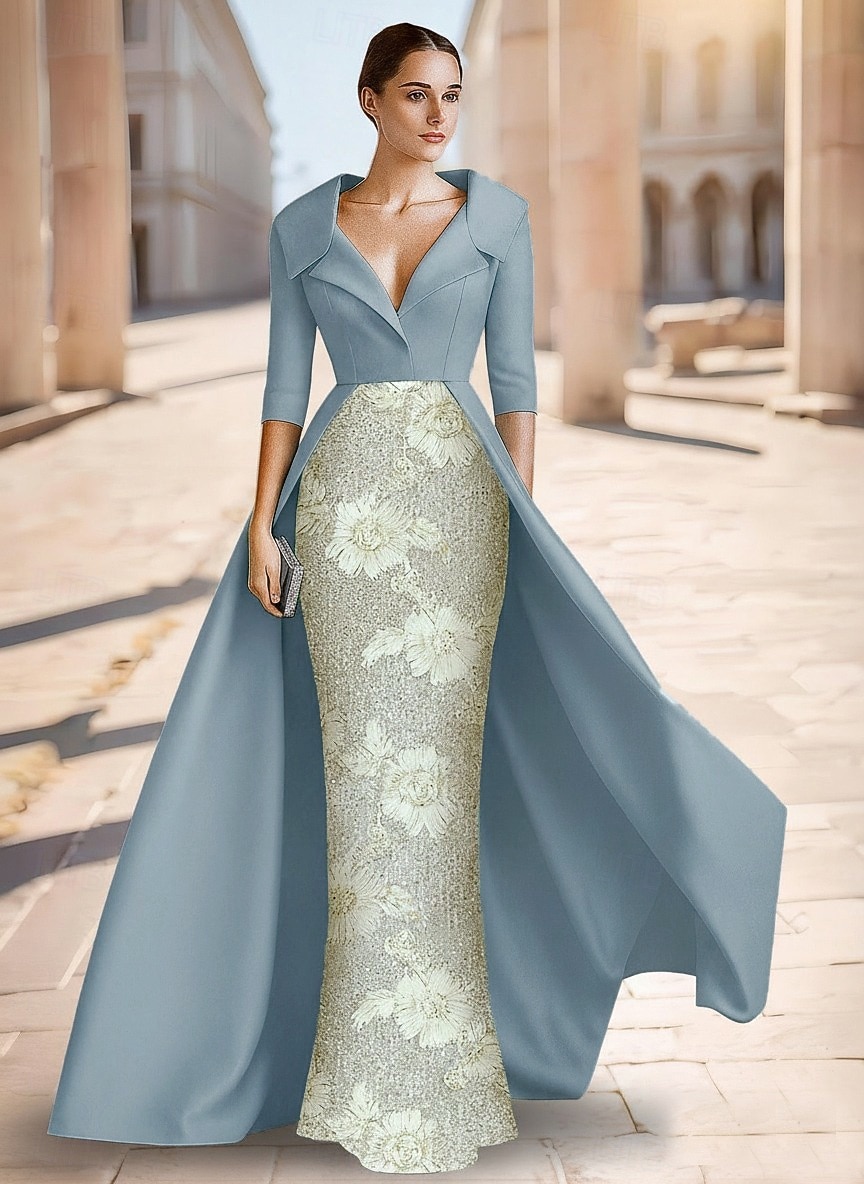 Sheath Column Floor Length Beaded Eembroidered Formal Dresses Mother of the Bride Dress Evening Gown Ball Gown with Overskirt Formal Dress Elegant Sparkle Silky 3/4 Length Sleeve Lapel Wedding Formal 2026 - $195.99 –P2