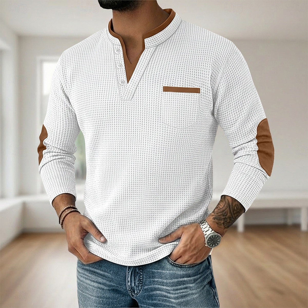 Miesten Vohveli tee Vohveli Henley-paita Pitkähihainen V kaula-aukko Henley Syksy 봄 & Syksy Yhtenäinen väri Muoti Perus Vapaa-aika väärennetty kaksiosainen Kausaliteetti Katu Urheilu Vaalean sininen 2026 - $25.99 –P11