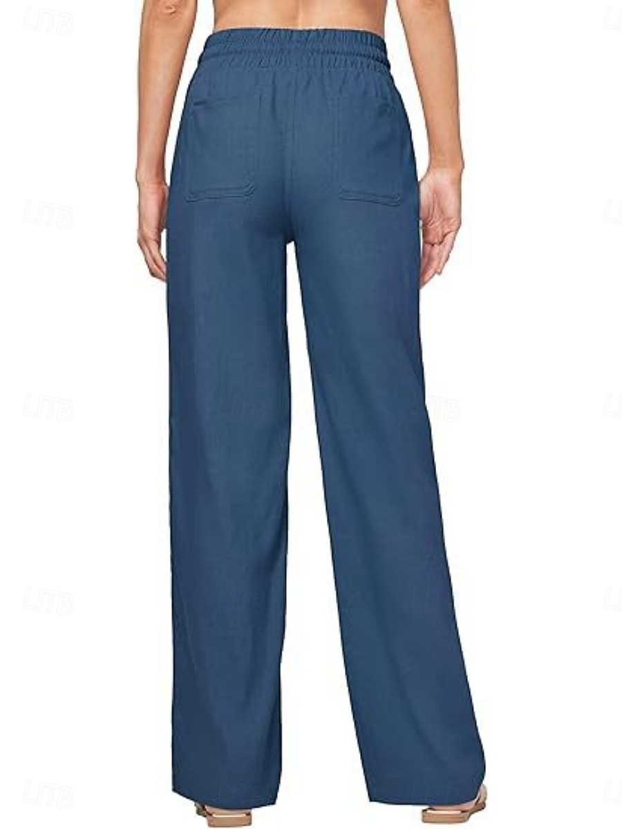 Naisten Puuvillaiset pellavahousut Kiinalainen Kesähousut Suora Loma Perus Vapaa-aika Täyspitkä Korka vyötärö Yhtenäinen väri Tasku Elastinen vyötärönauha Mukava Pehmeä Elastinen ulko- Katu Sininen 2026 - $42.99 –P6