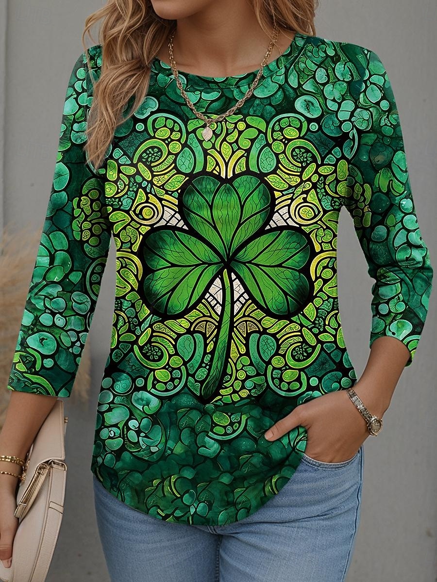 Koszulka damska na Dzień Świętego Patryka z grafiką koniczyny modna stylowa nowoczesna z długim rękawem okrągły dekolt regularny fason codzienna na weekend w białym zielonym na wiosnę zimę 2026 - $24.99 –P3