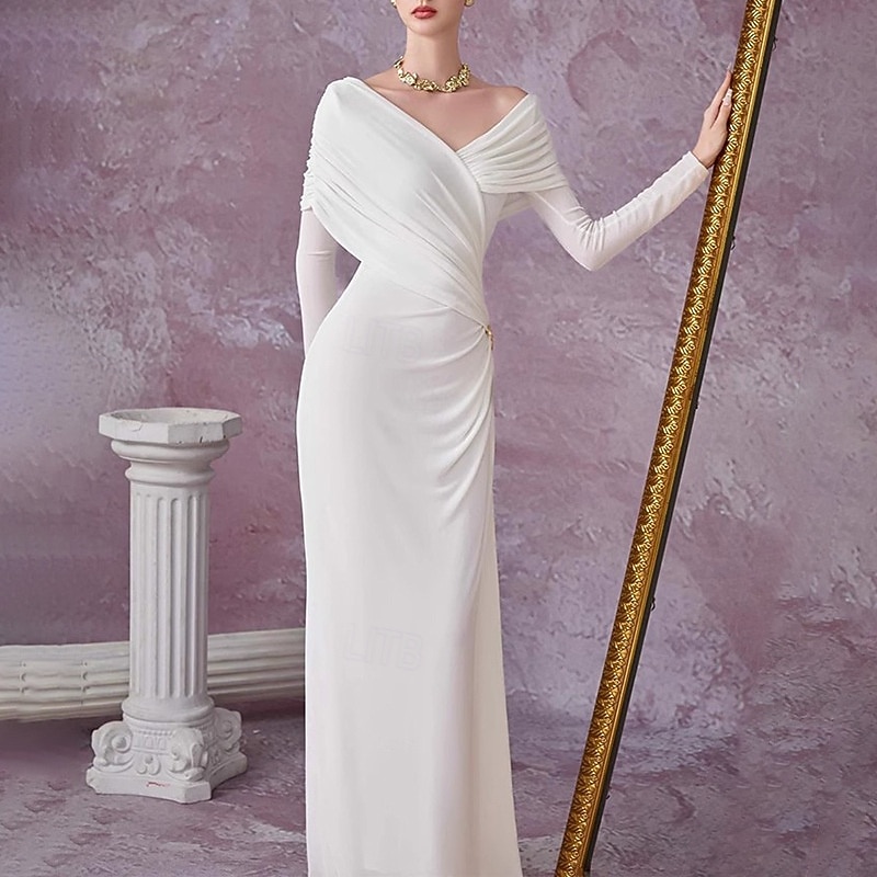 Sheath Column Floor Length Wedding Guest Dress Little White Dress Elegant Little White Dresses Long Sleeve Off Shoulder Wedding with Ruched 2026 - $103.99 –P4