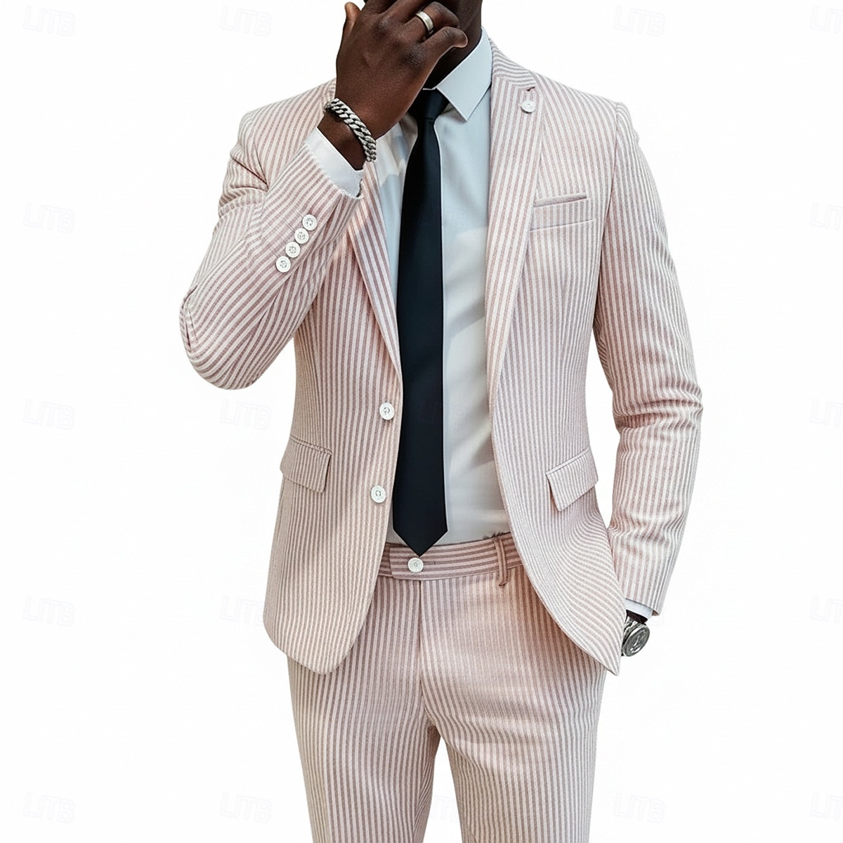 Pour des hommes Costumes en seersucker Mariage à la plage Mariage de printemps Rose Claire Bleu Ciel Printemps & Été Costume / Tailleur Revers Cranté Occasionnel Formel Rayé Coupe Slim 2 pièces de 2026 ? $109.99 –P2