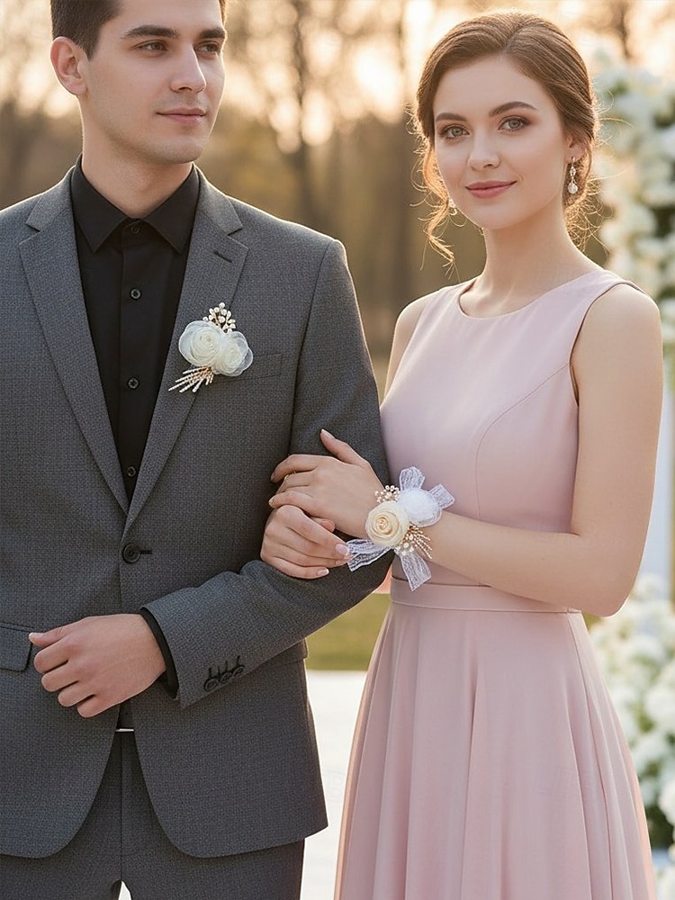Conjunto de corsage feminino em poliéster para casamento, com flor de pulso para dama de honra em tons de champanhe e branco e boutonnière para padrinho, estilo elegante e romântico para cerimônias de casamento, noivado e eventos formais. de 2026 por $9.99 –P3