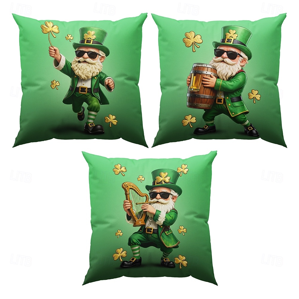 Szent Patrik-napi lóhere manó sör díszpárnahuzat 45x45 cm, vintage retro zöld 3D nyomtatott dekoratív párnahuzat 2026 - $10.99 –P1