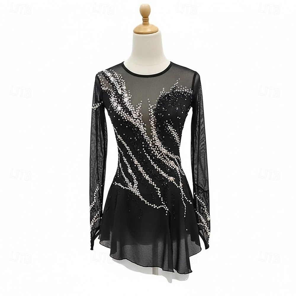 Figure Skating Dress Women's Ice Skating Dress Black Patchwork Asymmetric Hem Stretchy Training Competition Skating Wear Classic Crystal / Rhinestone Long Sleeve Ice Skating Figure Skating 2026 - $234.19 –P1