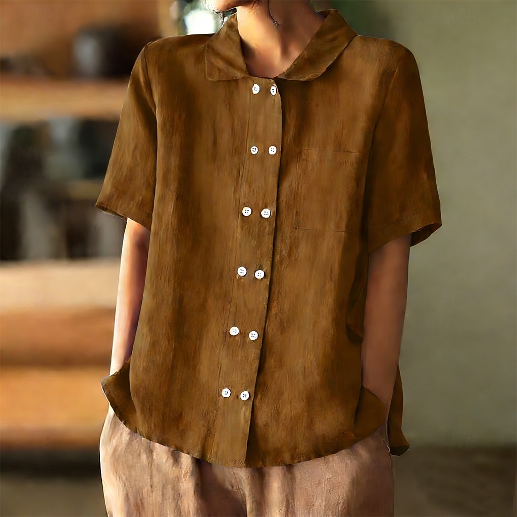 Per donna Camicie effetto lino Camicia di lino Camicia Estiva Camicia con Bottoni Bottoni Tinta unica Semplice Quotidiano Elegante Casual Manica Corta Collo ripiegato Top Regolari Ferie Uscire del 2026 a $27.99 –P2
