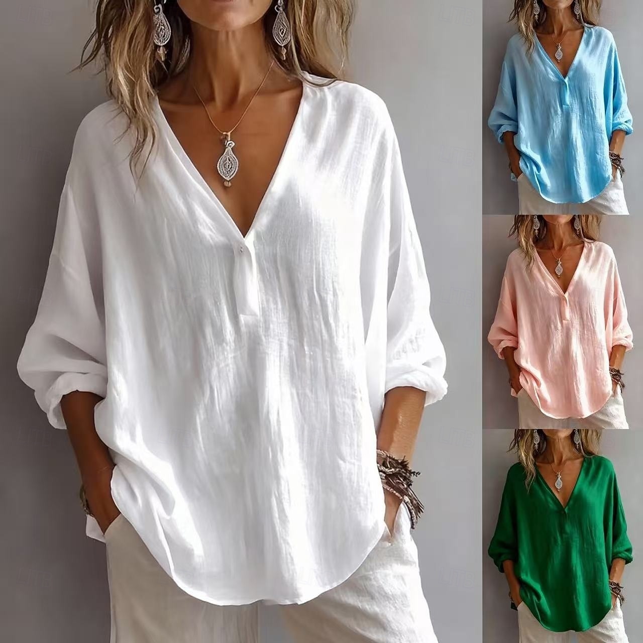 Blusa de mujer 100% algodón, color liso, estilo vintage, elegante, moderna, de manga larga, con cuello en V, para uso diario, festivo, salidas, blanca, rosa, azul cielo, verde, primavera y otoño. 2026 - $24.99 –P1